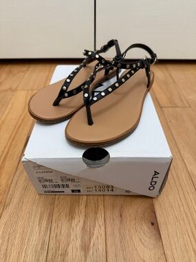 Aldo Black Studded T-Strap Sandals with Tan Footbed